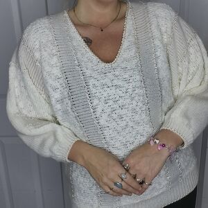 Vintage Knit Set Cream V Neck 3/4 Sleeve with a shiny thred